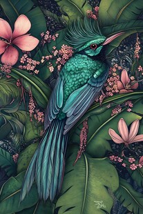 翠羽仙鸟栖于繁花绿叶间