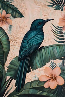 翠绿鸟儿栖于繁花绿叶间