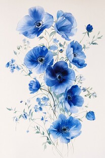蓝色水彩花卉插画