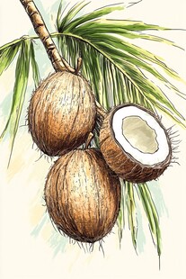 手绘椰子挂于翠绿椰枝上