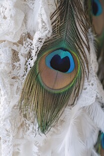 孔雀羽毛与白色蕾丝搭配