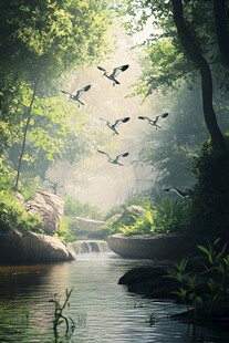 森林溪流间飞鸟穿梭美景
