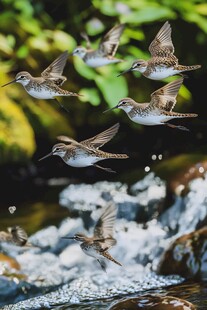 群鸟溪边飞舞的灵动瞬间