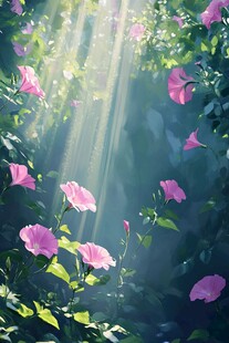阳光洒落粉色牵牛花美景