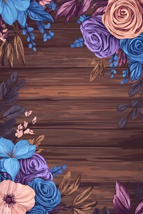 木质背景上的多彩花卉装饰