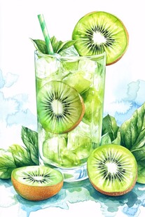 猕猴桃薄荷冰饮水彩插画