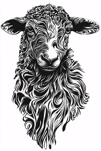 黑白线条风格绵羊头部插画