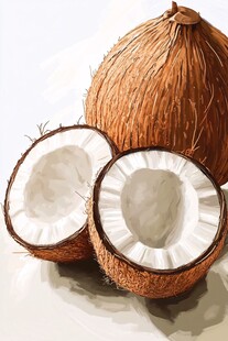 新鲜椰子及切开的椰肉展示