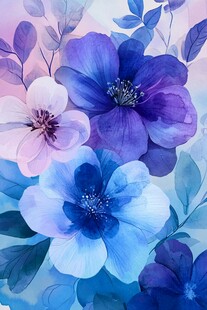 梦幻蓝紫花卉水彩画