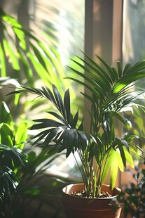 阳光下的袖珍椰子盆栽