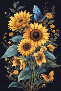 向日葵与蝴蝶的梦幻插画