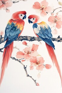 双鹦鹉栖于繁花枝头