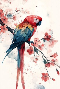 水彩画中鹦鹉栖于花枝间