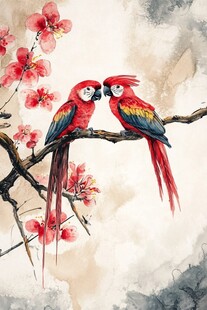 双鹦鹉栖于繁花枝头