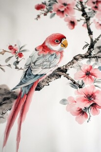 枝头艳羽鹦鹉绘桃花