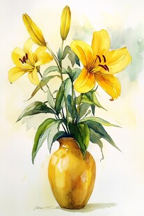 黄色百合插于陶罐中