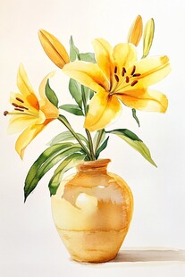 黄色百合插于古朴花瓶中