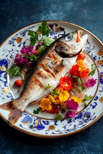 烤海鱼配多彩花卉摆盘
