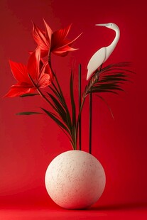 红背景下的花鸟艺术摆件