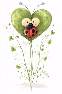 心形叶片上的可爱瓢虫