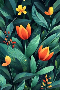 郁金香与绿叶的梦幻插画