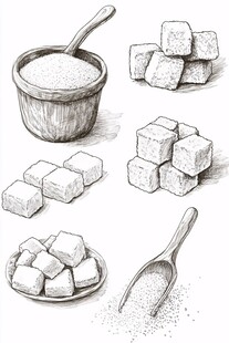 手绘白糖与方糖的多样形态