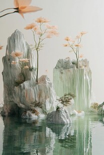 水墨风山水花卉景观图