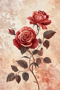 复古风红玫瑰花卉插画