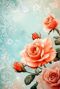 复古风橙色玫瑰花卉图