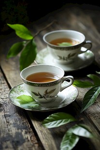 两杯香茗置于古朴木桌上