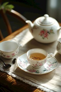 精致花卉茶具与杯中香茗