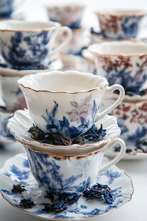 精美蓝白花纹茶杯与茶碟