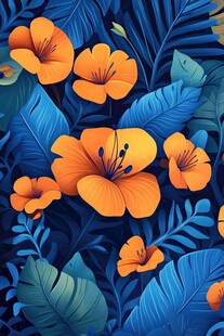 热带花卉与蓝叶的绚丽图案