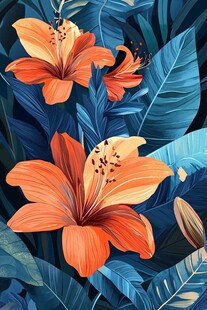 橙花蓝叶的热带花卉图案