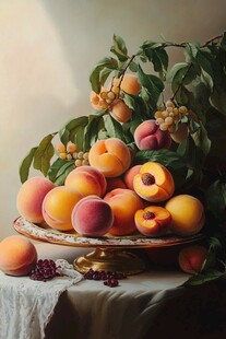 桃果盈盘 绿叶相伴的静物