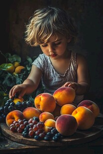 孩童与鲜果的温馨画面