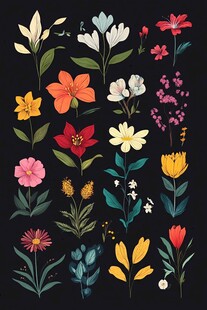 手绘多彩花卉植物集合