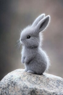 可爱小灰兔立于岩石之上