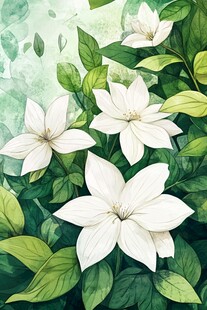 白色花卉与绿叶水彩插画