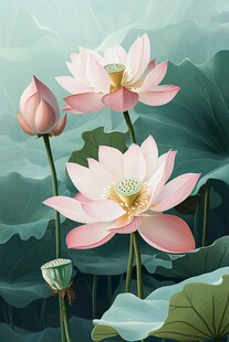 盛开的粉色荷花与荷叶