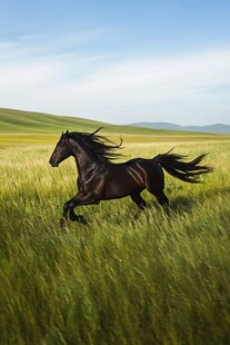草原上奔腾的黑色骏马