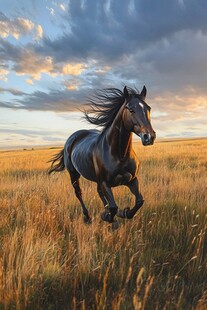 旷野骏马奔腾 晚霞映苍穹