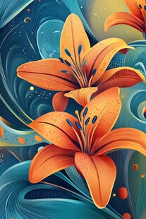 梦幻橙色百合花插画