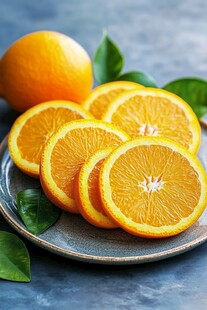 新鲜切片橙子摆于盘上