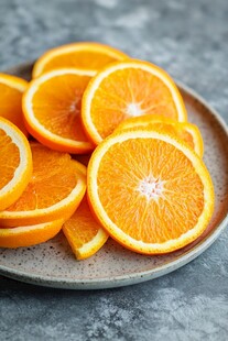 一盘新鲜橙子切片