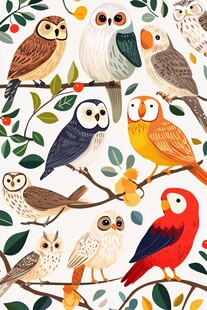 猫头鹰与鹦鹉的缤纷栖息图