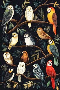 枝头群鸟的奇幻插画世界
