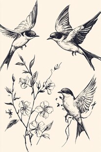 燕子与花枝的优雅插画