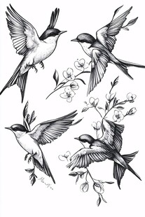 燕子与花枝黑白插画