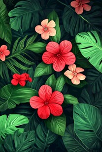 热带花卉与绿叶精美插画